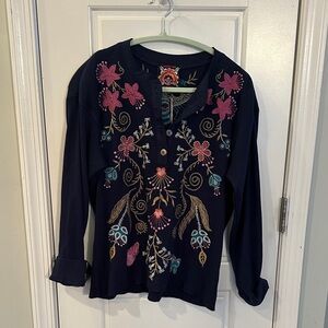 Johnny Was Navy Floral Embroidered Blouse